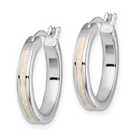 Sterling Silver Rhodium-plated Created Opal Inlay Round Hoop Earrings view 2