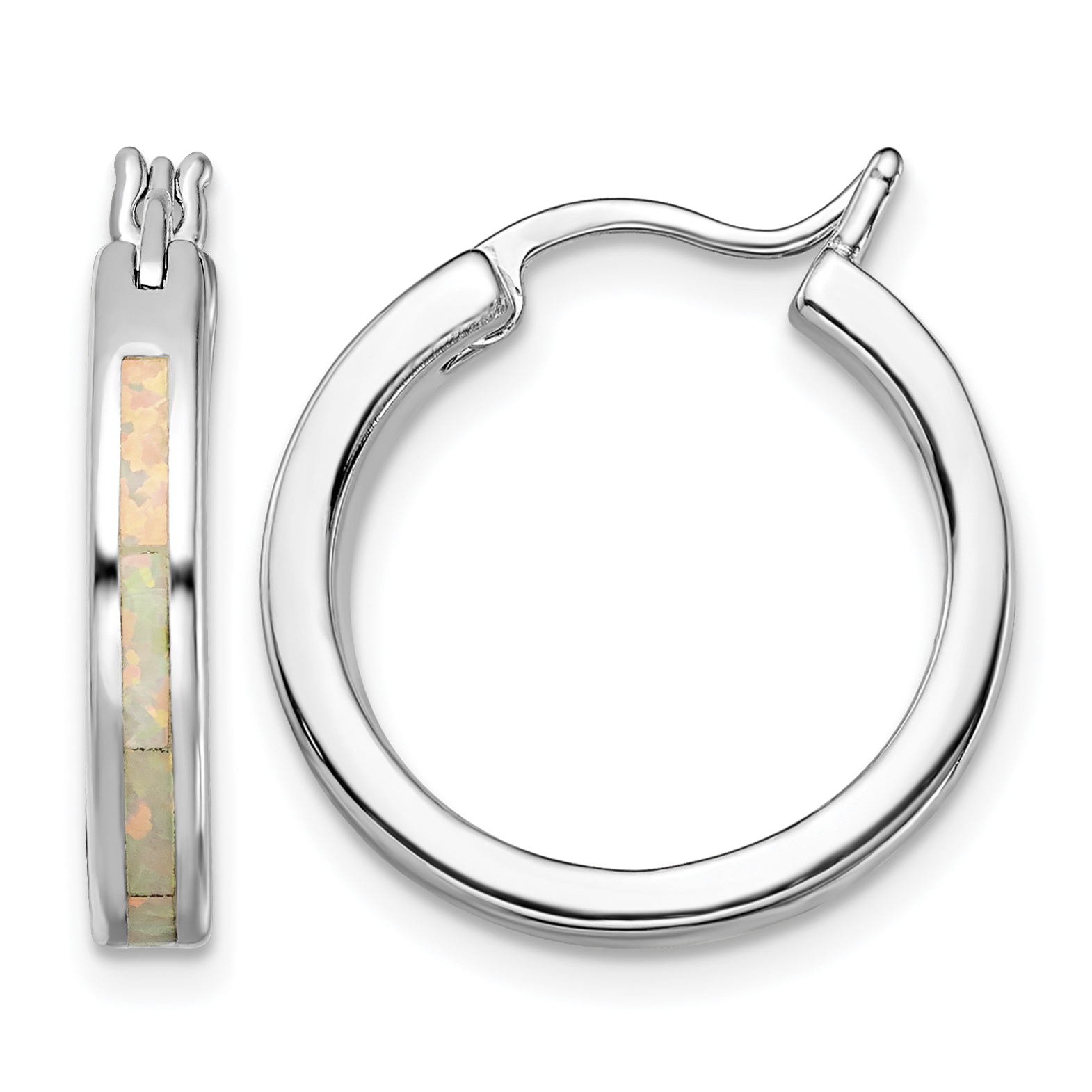 Sterling Silver Rhodium-plated Created Opal Inlay Round Hoop Earrings (QE14045)