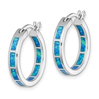 Sterling Silver Rhodium-plated Blue Created Opal in Out Round Hoop Earrings view 2