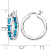 Sterling Silver Rhodium-plated Blue Created Opal in Out Round Hoop Earrings view 4