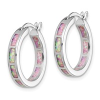 Sterling Silver Rhodium-plated Pink Cr. Opal in Out Round Hoop Earrings view 2