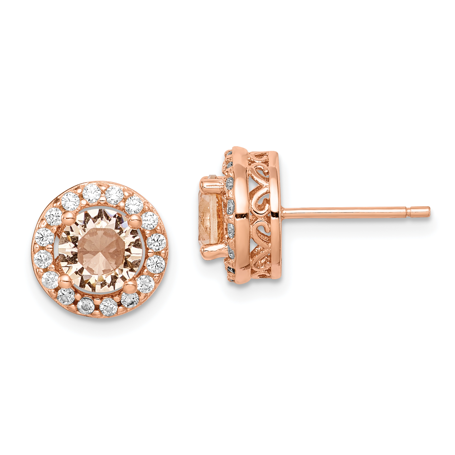 Sterling Silver Rose-tone Round Peach CZ Halo Post Earrings (QE14070)
