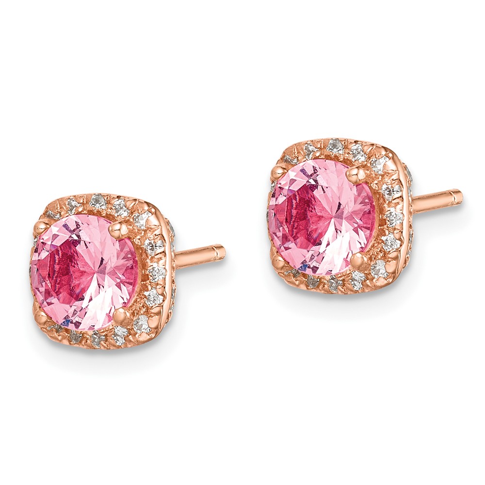 Sterling Silver Rose-tone Square Pink Crystal Center and CZ Post Earrings (QE14072)