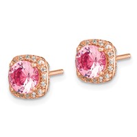Sterling Silver Rose-tone Square Pink Crystal Center and CZ Post Earrings view 2