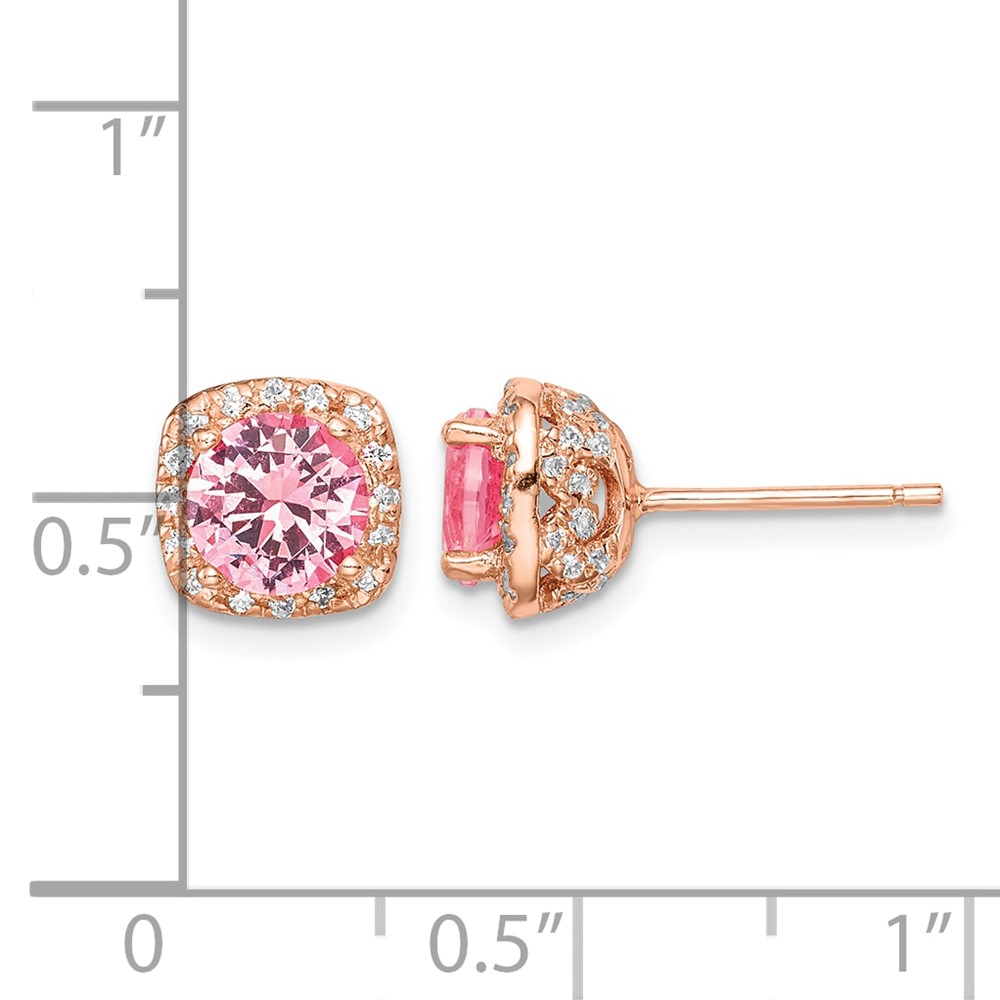 Sterling Silver Rose-tone Square Pink Crystal Center and CZ Post Earrings (QE14072)