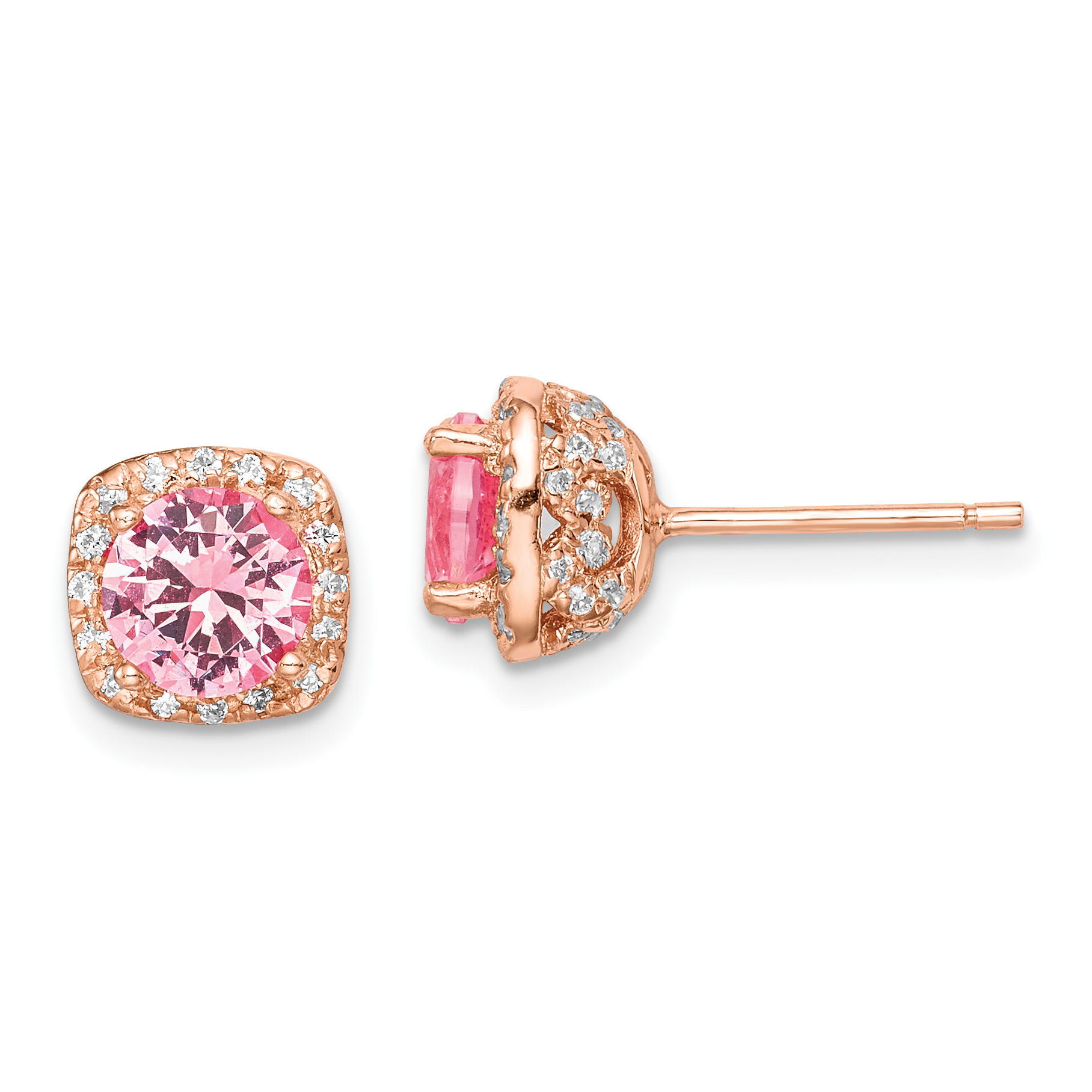 Sterling Silver Rose-tone Square Pink Crystal Center and CZ Post Earrings (QE14072)