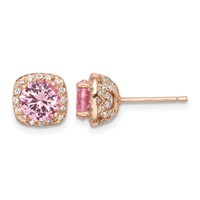 Sterling Silver Rose-tone Square Pink Crystal Center and CZ Post Earrings view 1