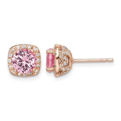 Sterling Silver Rose-tone Square Pink Crystal Center and CZ Post Earrings