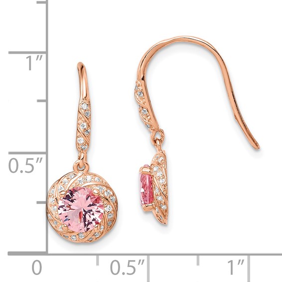 Sterling Silver Rose-tone Pink Crystal and CZ Dangle Earrings