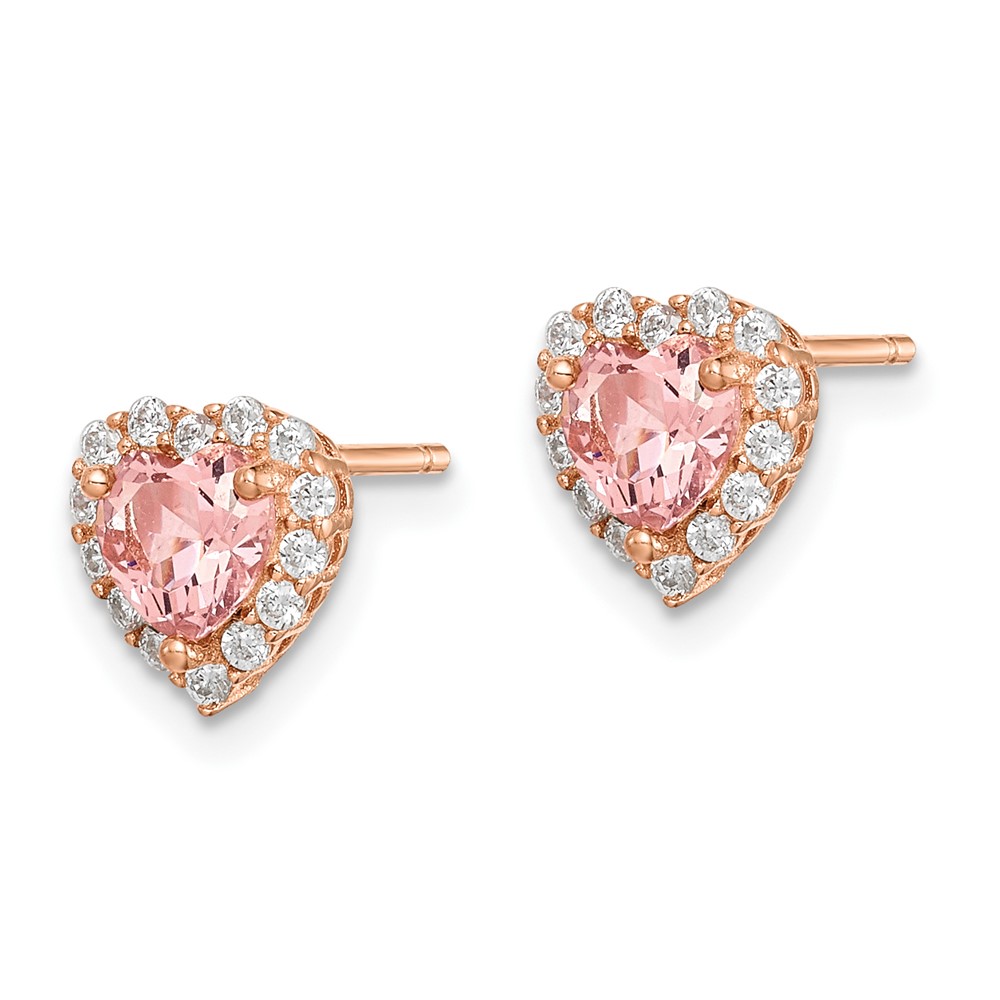 Sterling Silver Rose-plated  Post CZ and Crystal Pink Heart Earrings (QE14074)