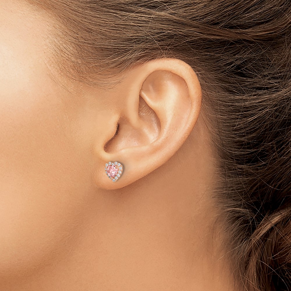 Sterling Silver Rose-plated  Post CZ and Crystal Pink Heart Earrings (QE14074)