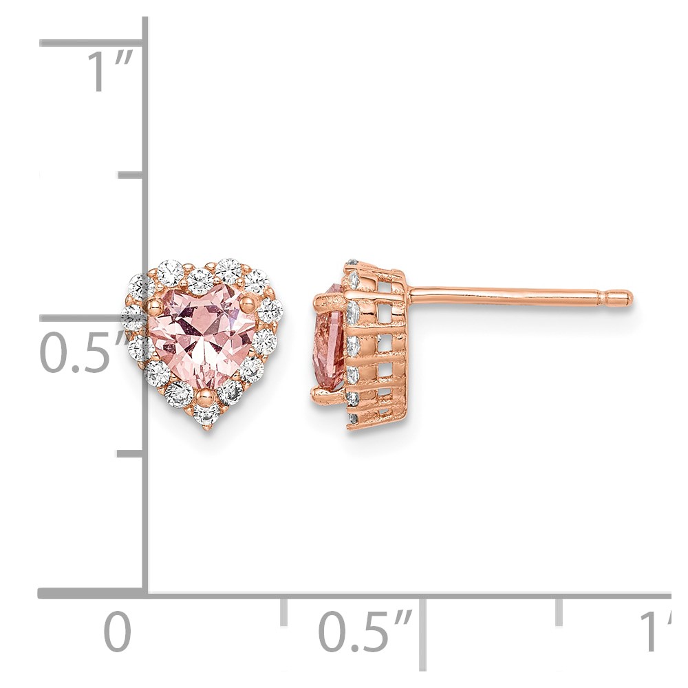 Sterling Silver Rose-plated  Post CZ and Crystal Pink Heart Earrings (QE14074)