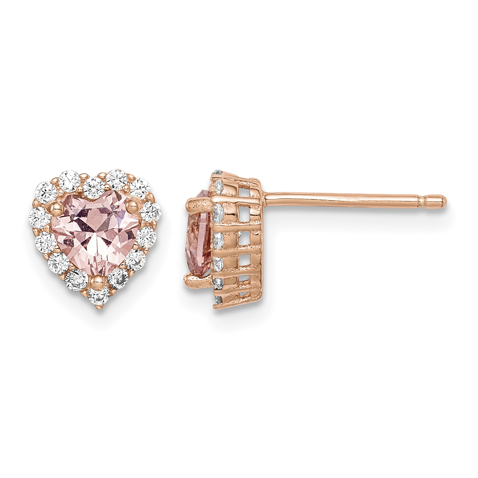Sterling Silver Rose-plated  Post CZ and Crystal Pink Heart Earrings (QE14074)