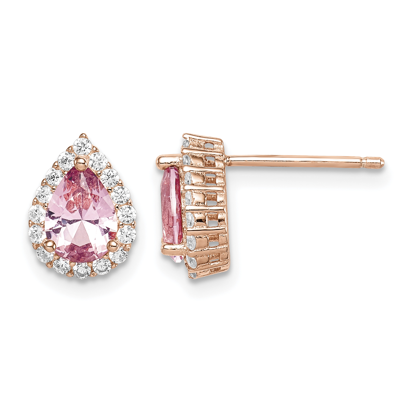 Sterling Silver Rose-tone Post CZ and Pear Teardrop Pink Crystal Earrings (QE14075)