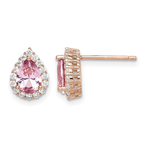 Sterling Silver Rose-plated Post CZ and Pear Teardrop Pink Crystal Earring
