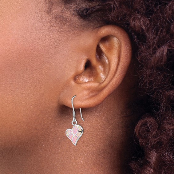 Sterling Silver Rhod-plated Creat. Pink Opal Heart Dangle Earrings