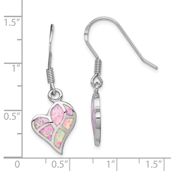 Sterling Silver Rhod-plated Creat. Pink Opal Heart Dangle Earrings
