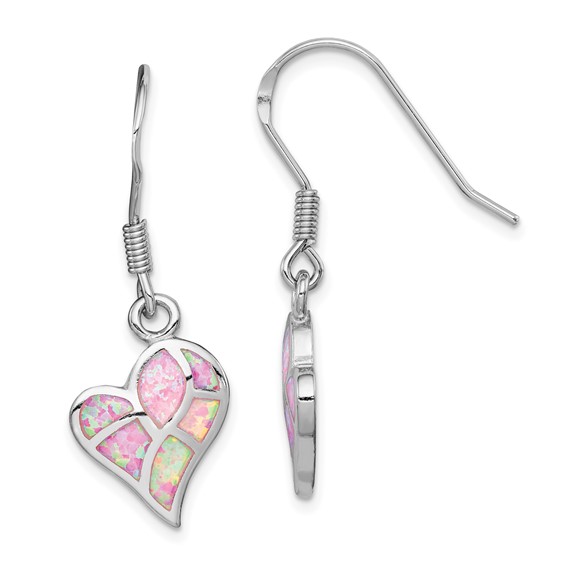 Sterling Silver Rhod-plated Creat. Pink Opal Heart Dangle Earrings