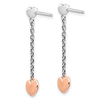 Sterling Silver Rhodium-plated Rose Gold-plated Heart on Chain Dangle Post Earrings view 2