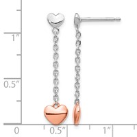 Sterling Silver Rhodium-plated Rose Gold-plated Heart on Chain Dangle Post Earrings view 4