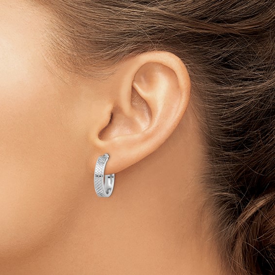 Sterling Silver Rhodium-plated Textured 5x20mm Hoop Earrings