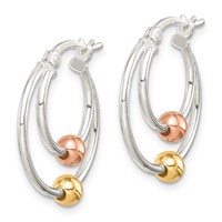 Sterling Silver Rose and Yellow Gold-plated Bead Hoop Earrings view 2