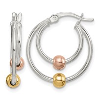 Sterling Silver Rose and Yellow Gold-plated Bead Hoop Earrings view 1
