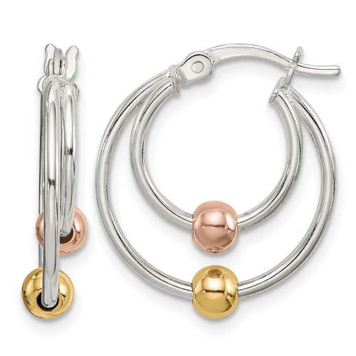 Sterling Silver Rose and Yellow Gold-plated Bead Hoop Earrings