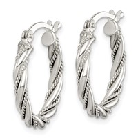 Sterling Silver Twisted Textured 3x20mm Hoop Earrings view 2