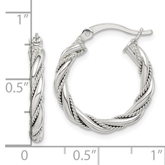 Sterling Silver Twisted Textured 3x20mm Hoop Earrings