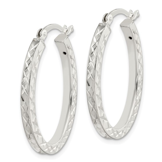 Sterling Silver Diamond-cut Oval Hoop Earrings