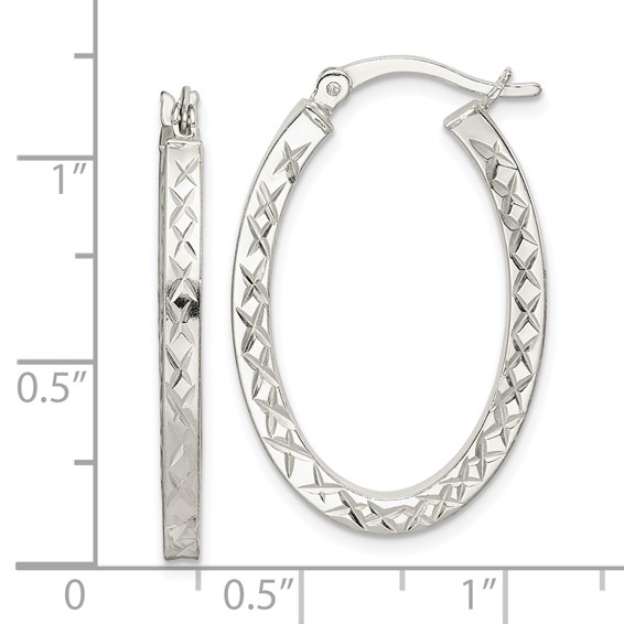 Sterling Silver Diamond-cut Oval Hoop Earrings