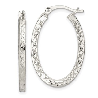 Sterling Silver Diamond-cut Oval Hoop Earrings