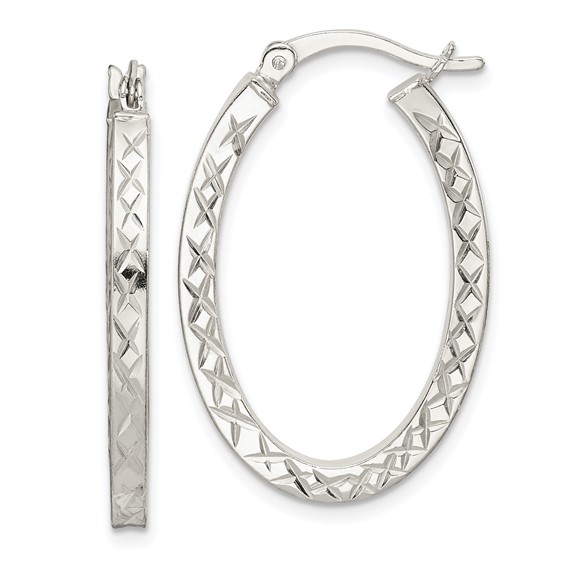 Sterling Silver Diamond-cut Oval Hoop Earrings