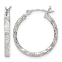 Sterling Silver Textured & Diamond-cut 2.25mm Round Hoop Earrings view 1