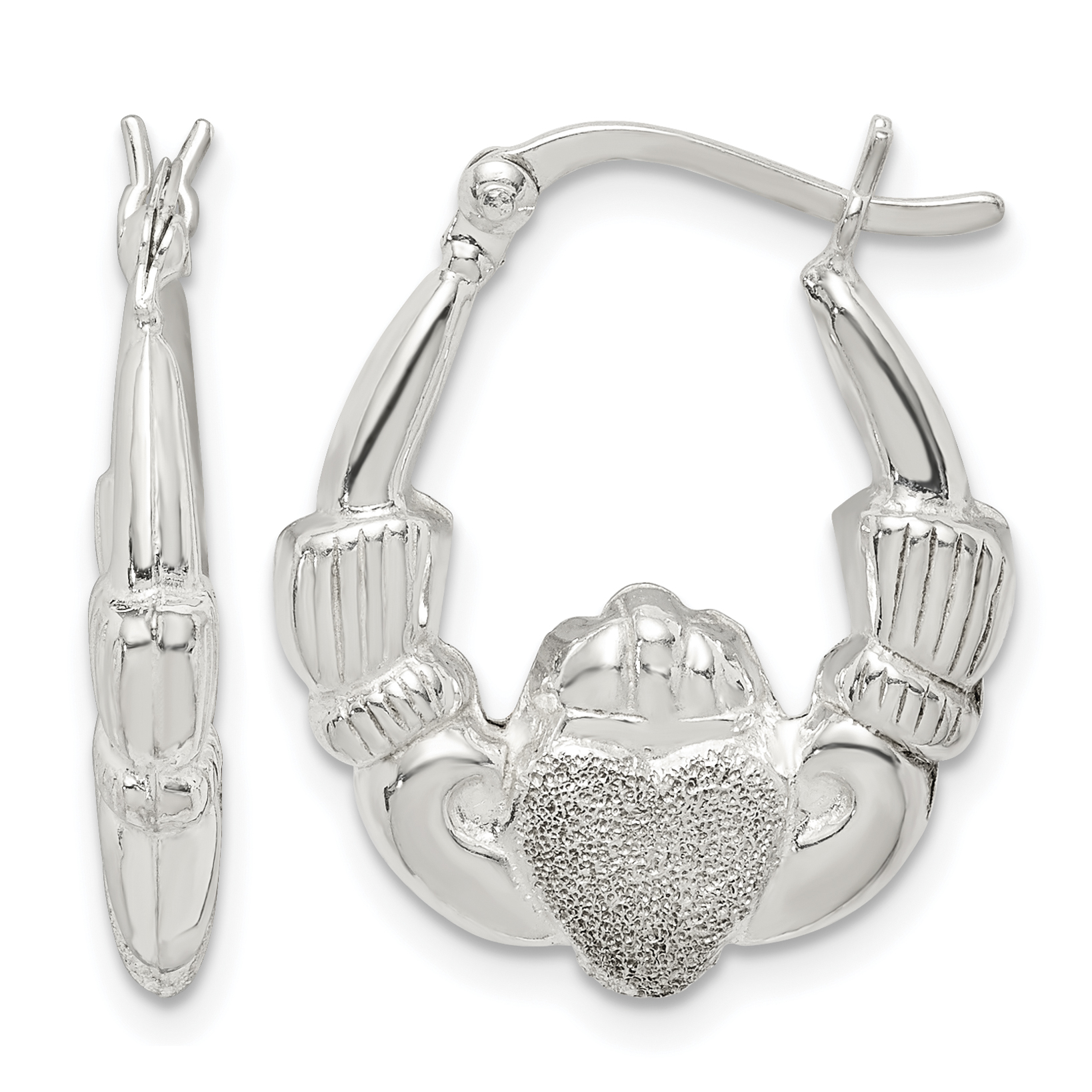 Sterling Silver Polished & Laser Cut Claddagh Hoop Earrings (QE14157)