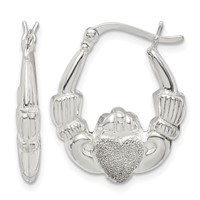 Sterling Silver Polished & Laser Cut Claddagh Hoop Earrings view 1