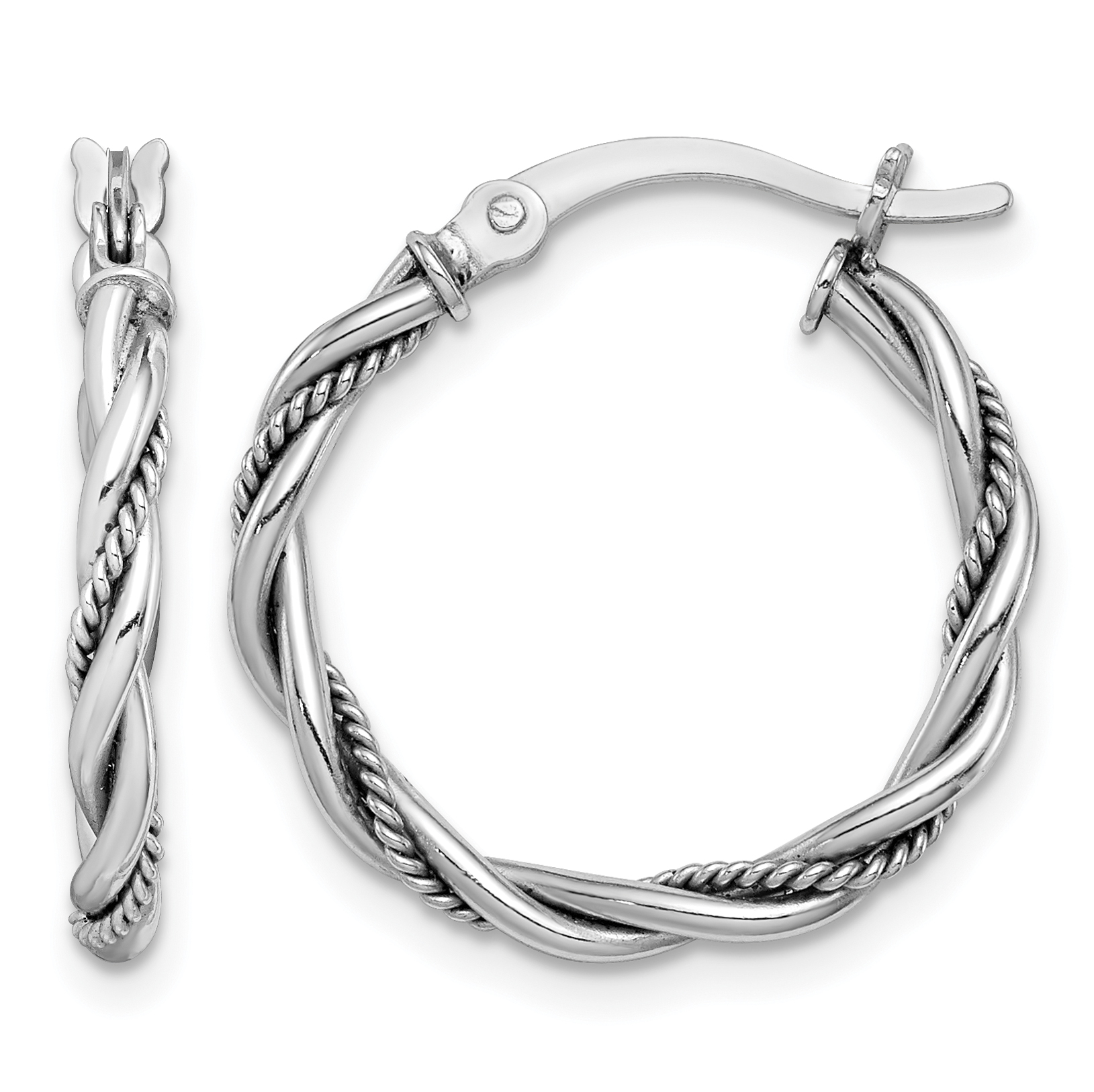 Sterling Silver Rhodium-plated Antiqued 2x20mm Twisted Hoop Earrings (QE14162)