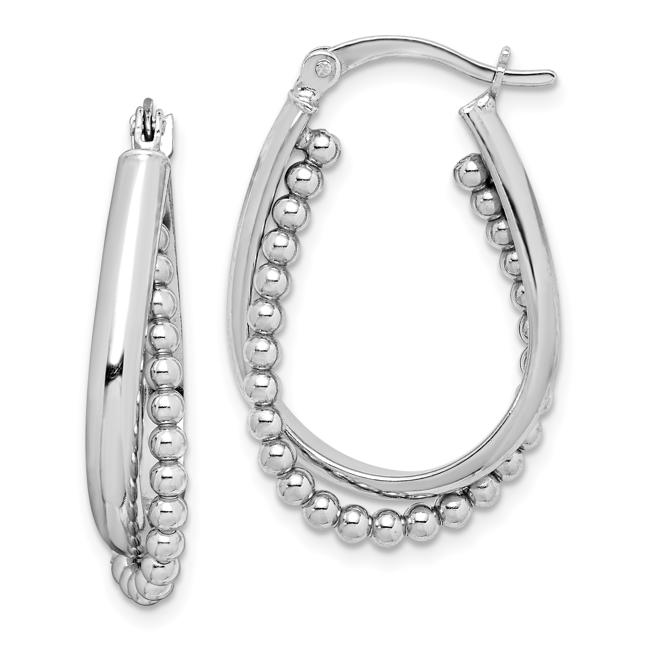 Sterling Silver Rhodium-plated Twisted and Beaded Hoop Earrings (QE14174)