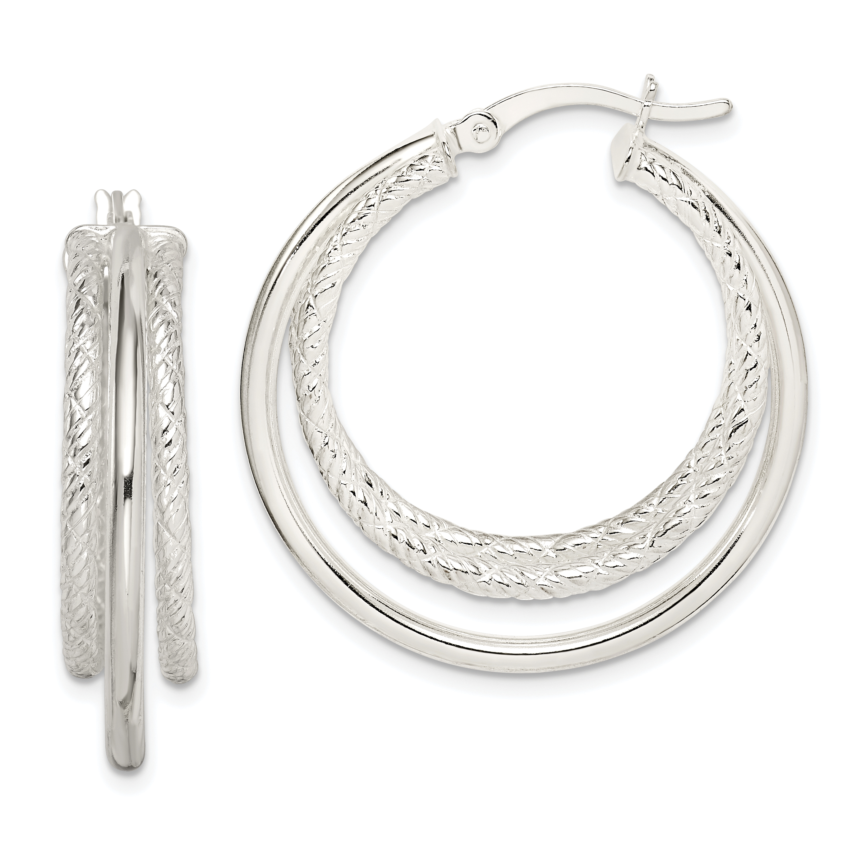Sterling Silver Textured and Polished Triple Hoop Earrings (QE14177)
