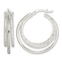 Sterling Silver Textured and Polished Triple Hoop Earrings view 1