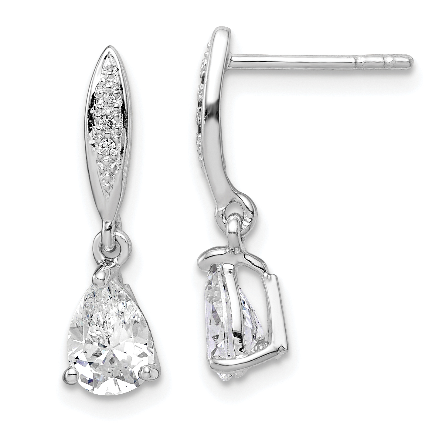 Sterling Silver Rhodium-plated Polished Pear CZ Post Dangle Earrings (QE14219)