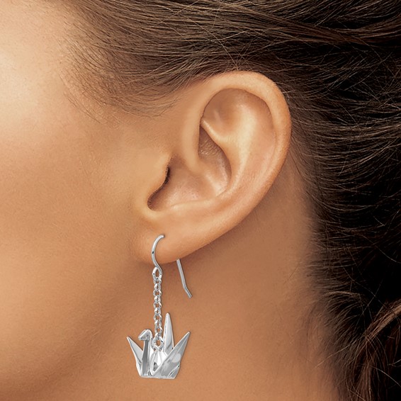Sterling Silver Rhodium-plated Origami Crane Dangle Earrings