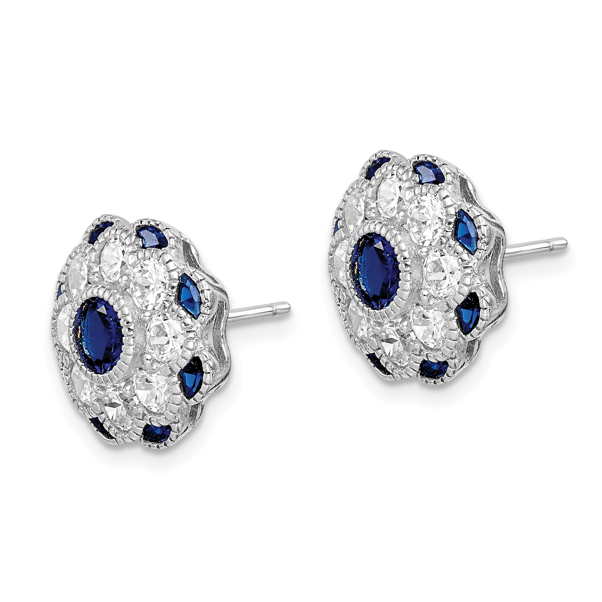 Silver RH Plated CZ and Synthetic Blue Spinel Flower Post Earrings QE14230 - Picture 2 of 4
