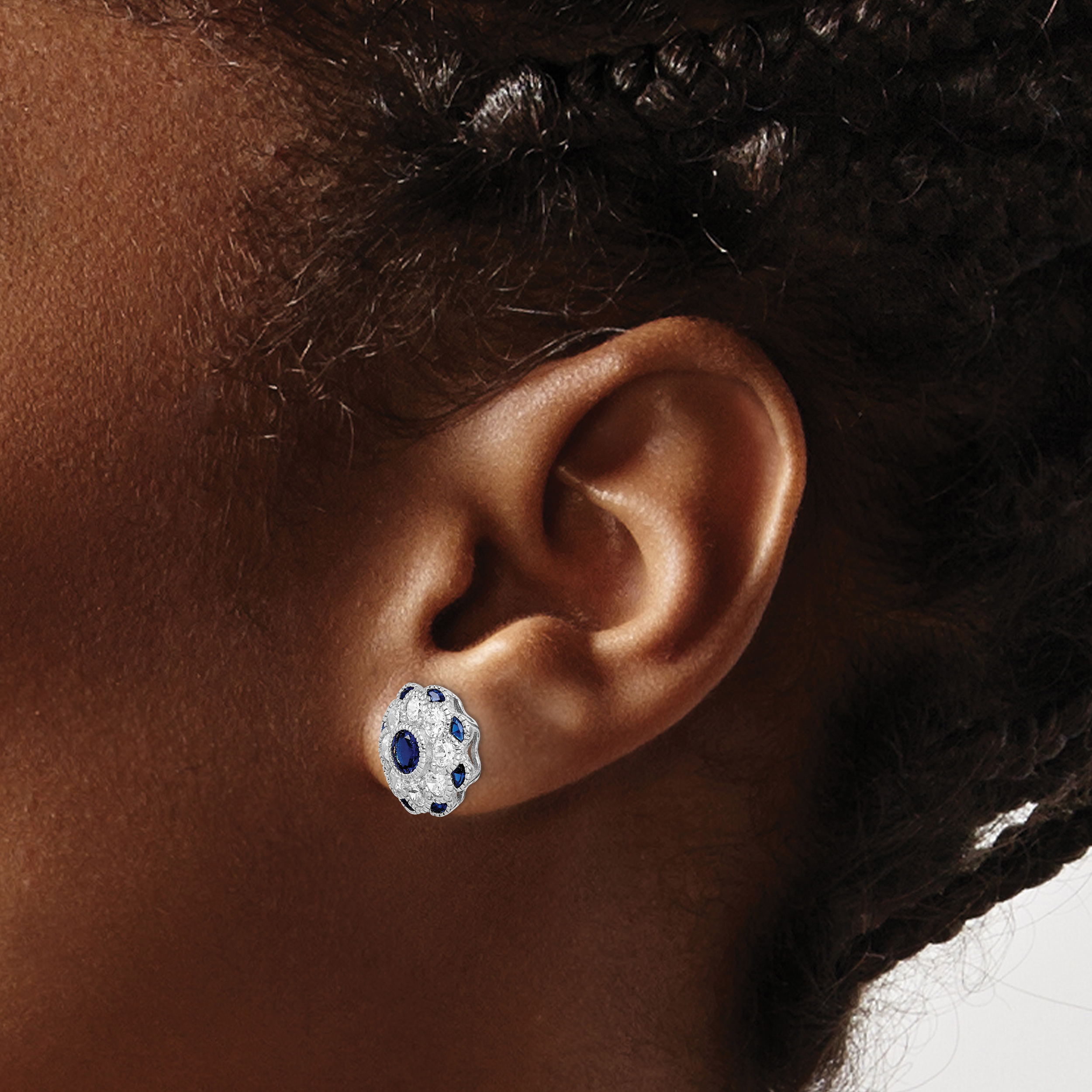 Silver RH Plated CZ and Synthetic Blue Spinel Flower Post Earrings QE14230 - Picture 3 of 4