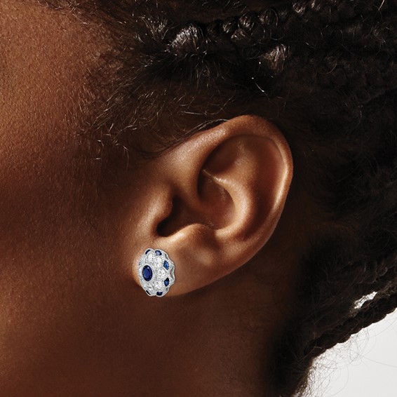 Sterling Silver RH Plated CZ and Synthetic Blue Spinel Flower Post Earrings