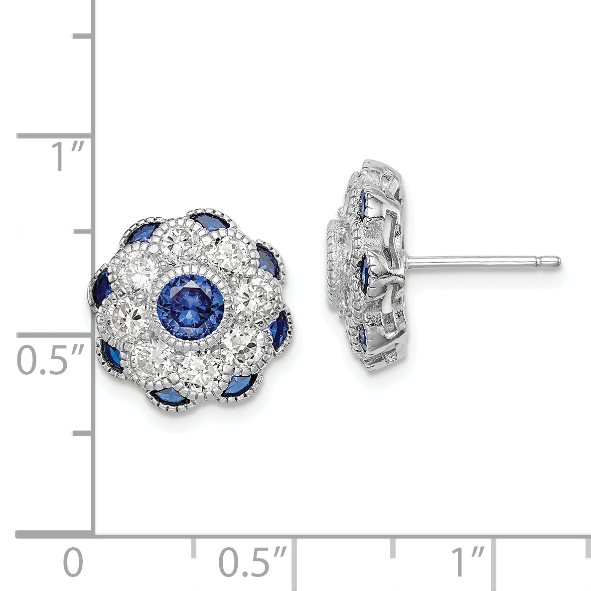Silver RH Plated CZ and Synthetic Blue Spinel Flower Post Earrings QE14230 - Picture 4 of 4