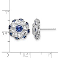 Sterling Silver RH Plated CZ and Synthetic Blue Spinel Flower Post Earrings view 4