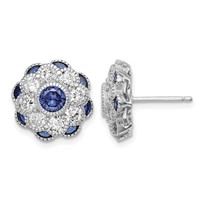 Sterling Silver RH Plated CZ and Synthetic Blue Spinel Flower Post Earrings view 1