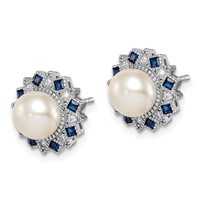 Sterling Silver RH-plated Fwc Pearl Syn. Blue Spinel CZ Earrings view 2